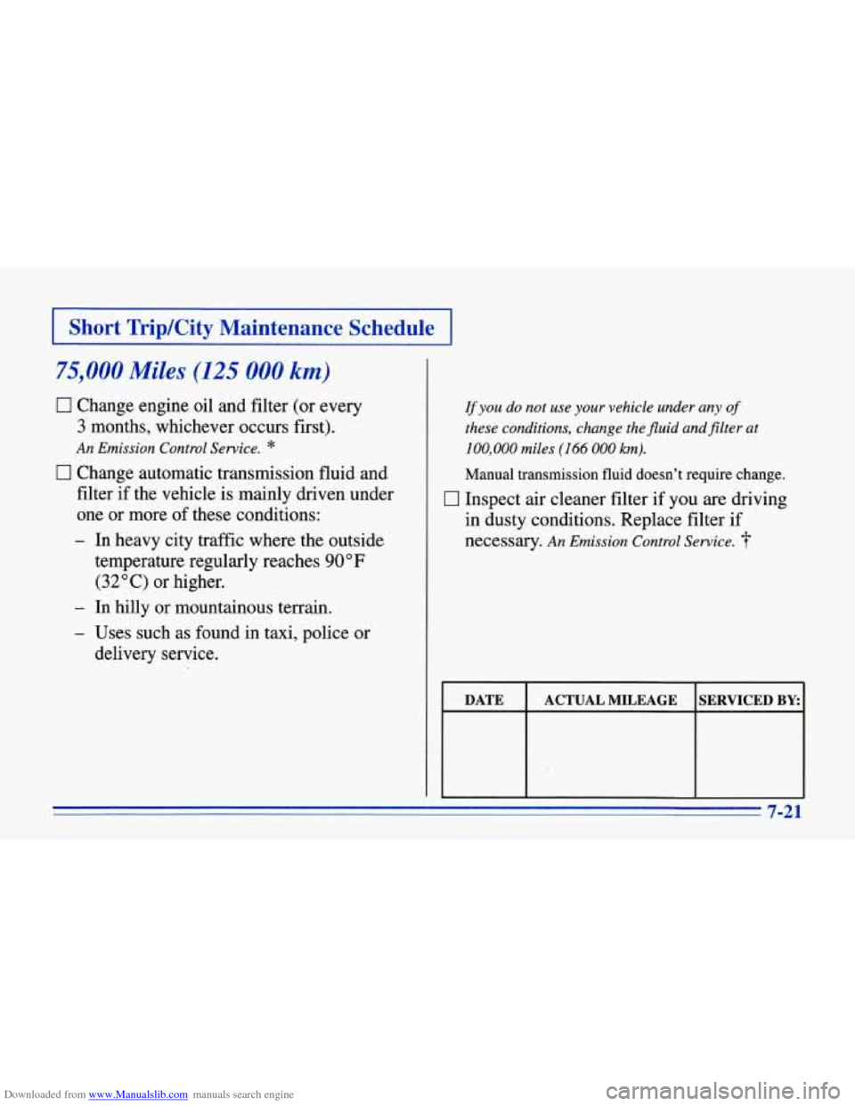 CHEVROLET CORVETTE 1996 4.G Owners Manual Downloaded from www.Manualslib.com manuals search engine I Short  Trip/City  Maintenance  Schedule I 
75,000 Miles (125 000 km) 
0 Change  engine  oil  and filter (or  every 
3  months,  whichever  oc