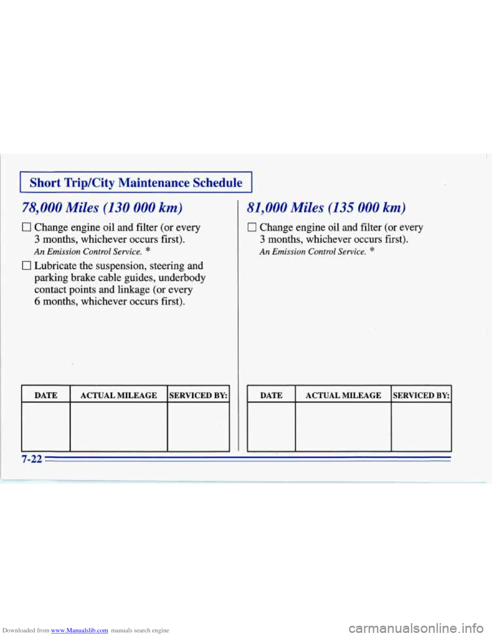 CHEVROLET CORVETTE 1996 4.G Owners Manual Downloaded from www.Manualslib.com manuals search engine I Short TripKity  Maintenance  Schedule I 
78,000 Miles (130 000 km) 
0 Change engine oil and filter (or every 
3 months,  whichever  occurs fi