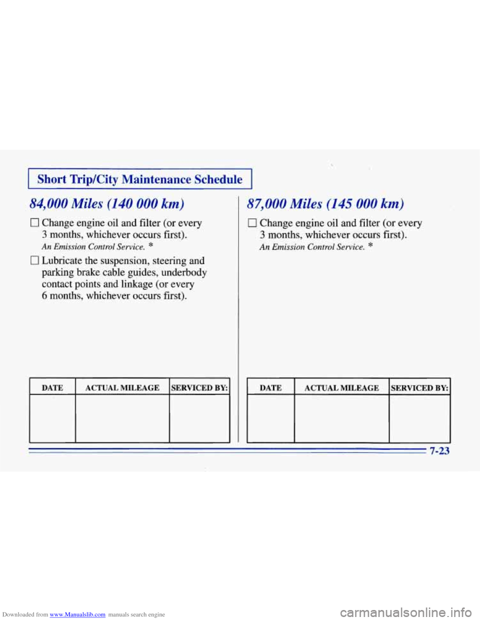 CHEVROLET CORVETTE 1996 4.G Owners Manual Downloaded from www.Manualslib.com manuals search engine I Short Trip/City Maintenance  Schedule I 
84,000 Miles (140 000 km) 
0 Change  engine  oil  and filter (or  every 
3 months,  whichever  occur