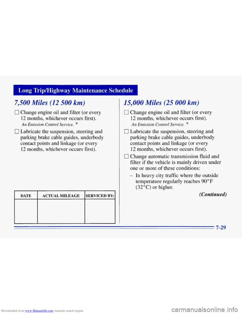 CHEVROLET CORVETTE 1996 4.G Owners Manual Downloaded from www.Manualslib.com manuals search engine umg Tripmighway Maintenance Schedule I 
7,500 Miles (12 500 km) 
0 Change  engine  oil  and  filter (or  every 
12  months,  whichever  occurs 