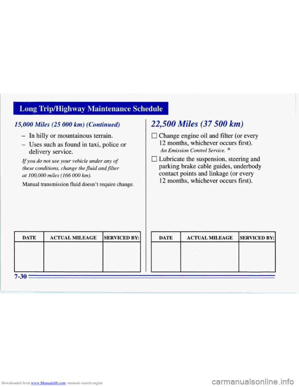 CHEVROLET CORVETTE 1996 4.G Owners Manual Downloaded from www.Manualslib.com manuals search engine I5,OOO Miles (25 000 km) (Continued) 
- In hilly  or mountainous  terrain. 
- Uses  such as found  in taxi, police  or 
delivery  service. 
If 
