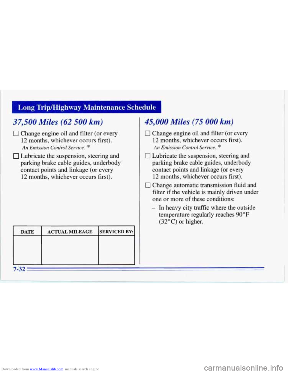 CHEVROLET CORVETTE 1996 4.G Owners Manual Downloaded from www.Manualslib.com manuals search engine T on* Tripmighway  Maintenance  Schedule ~ ~~i ~  ~~ 
d7,50C Miles (62 500 km) 
0 Change  engine oil and filter (or  every 
12 months,  whichev