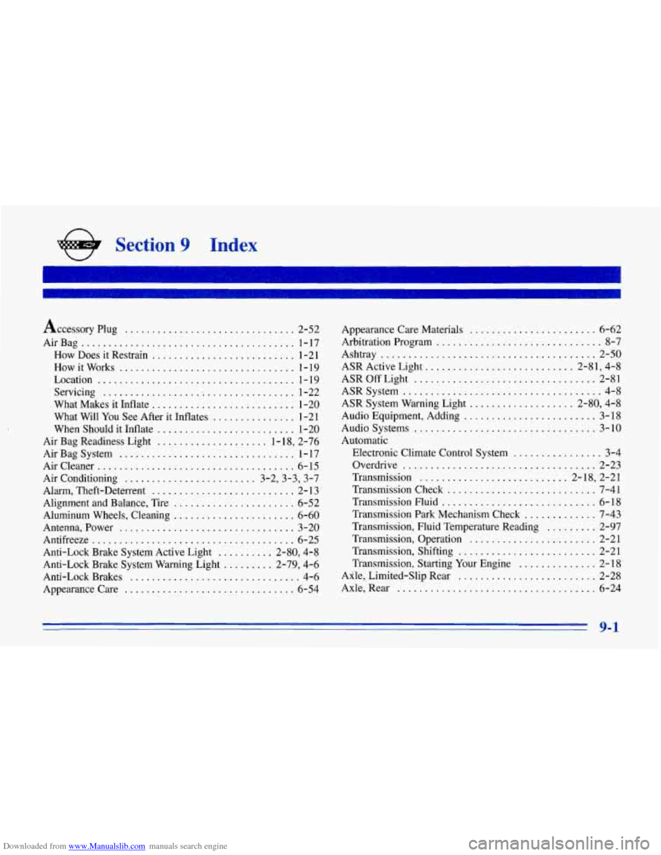 CHEVROLET CORVETTE 1996 4.G Owners Manual Downloaded from www.Manualslib.com manuals search engine Accessory Plug ............................... 2-52
AirBag
....................................... 1-17
How Does it Restrain
............ CHEVROLET CORVETTE 1996 4.G Owners Manual Downloaded from www.Manualslib.com manuals search engine Accessory Plug ............................... 2-52
AirBag
....................................... 1-17
How Does it Restrain
............