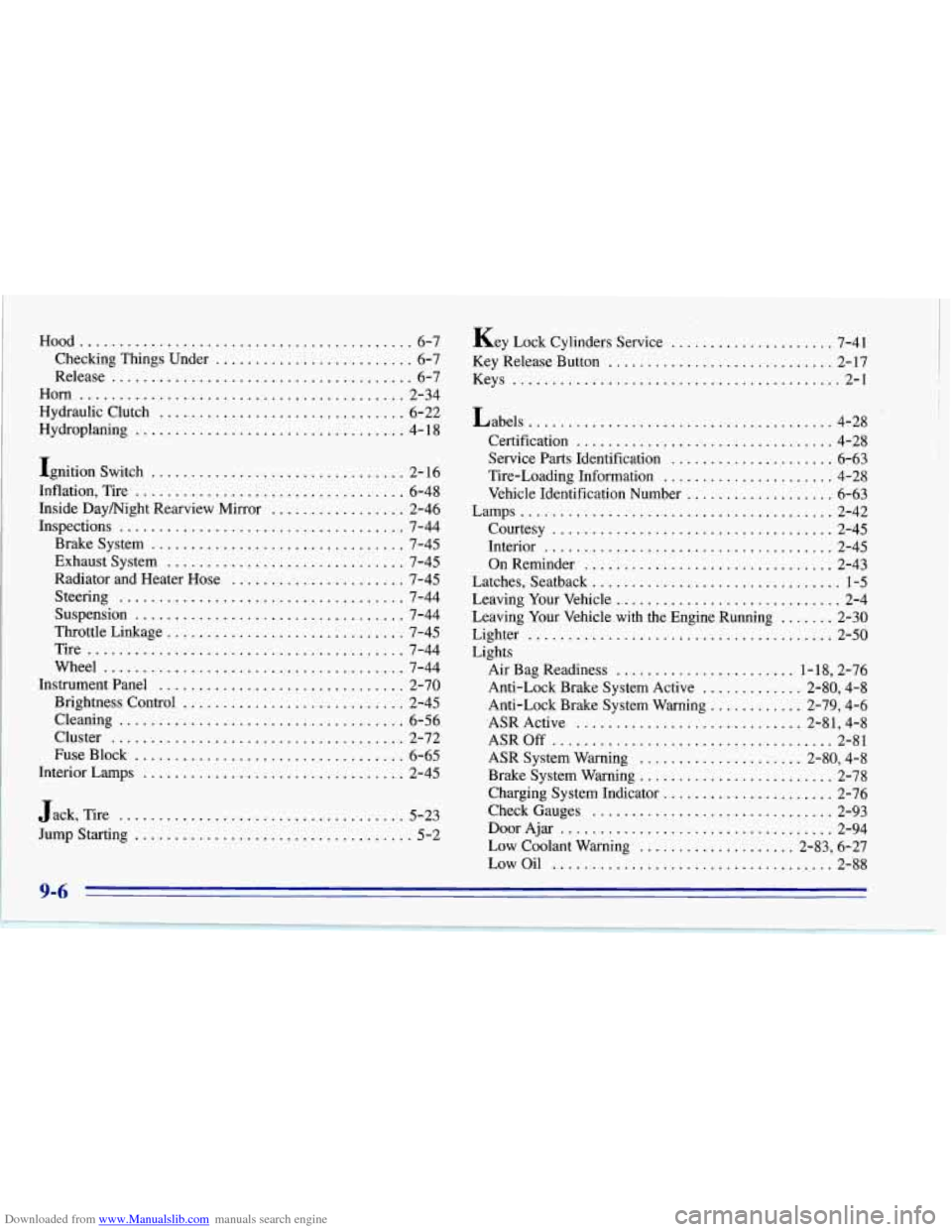 CHEVROLET CORVETTE 1996 4.G Owners Manual Downloaded from www.Manualslib.com manuals search engine Hood .......................................... 6-7
Release
...................................... 6-7
Checking Things
Under
............. CHEVROLET CORVETTE 1996 4.G Owners Manual Downloaded from www.Manualslib.com manuals search engine Hood .......................................... 6-7
Release
...................................... 6-7
Checking Things
Under
.............