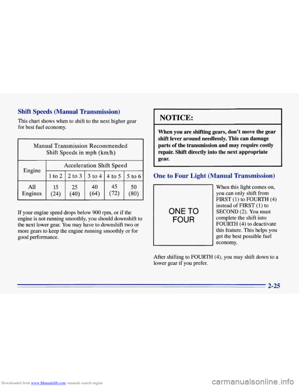 CHEVROLET CORVETTE 1996 4.G Owners Manual Downloaded from www.Manualslib.com manuals search engine Shift Speeds (Manual Transmission)
This chart shows when to shift to the next higher gear
for best fuel economy.
Manual Transmissi CHEVROLET CORVETTE 1996 4.G Owners Manual Downloaded from www.Manualslib.com manuals search engine Shift Speeds (Manual Transmission)
This chart shows when to shift to the next higher gear
for best fuel economy.
Manual Transmissi