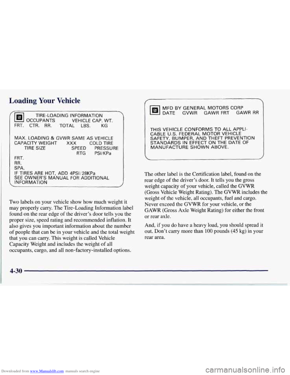 CHEVROLET CORVETTE 1997 5.G Owners Manual Downloaded from www.Manualslib.com manuals search engine Loading Your Vehicle 
/ - 
OCCUPANTS VEHICLE CAP. WT. 
TIRE-LOADING  INFORMATION 
FRT.  CTR. 
RR. TOTAL  LBS.  KG 
MAX. 
LOADING & GVWR SAME AS