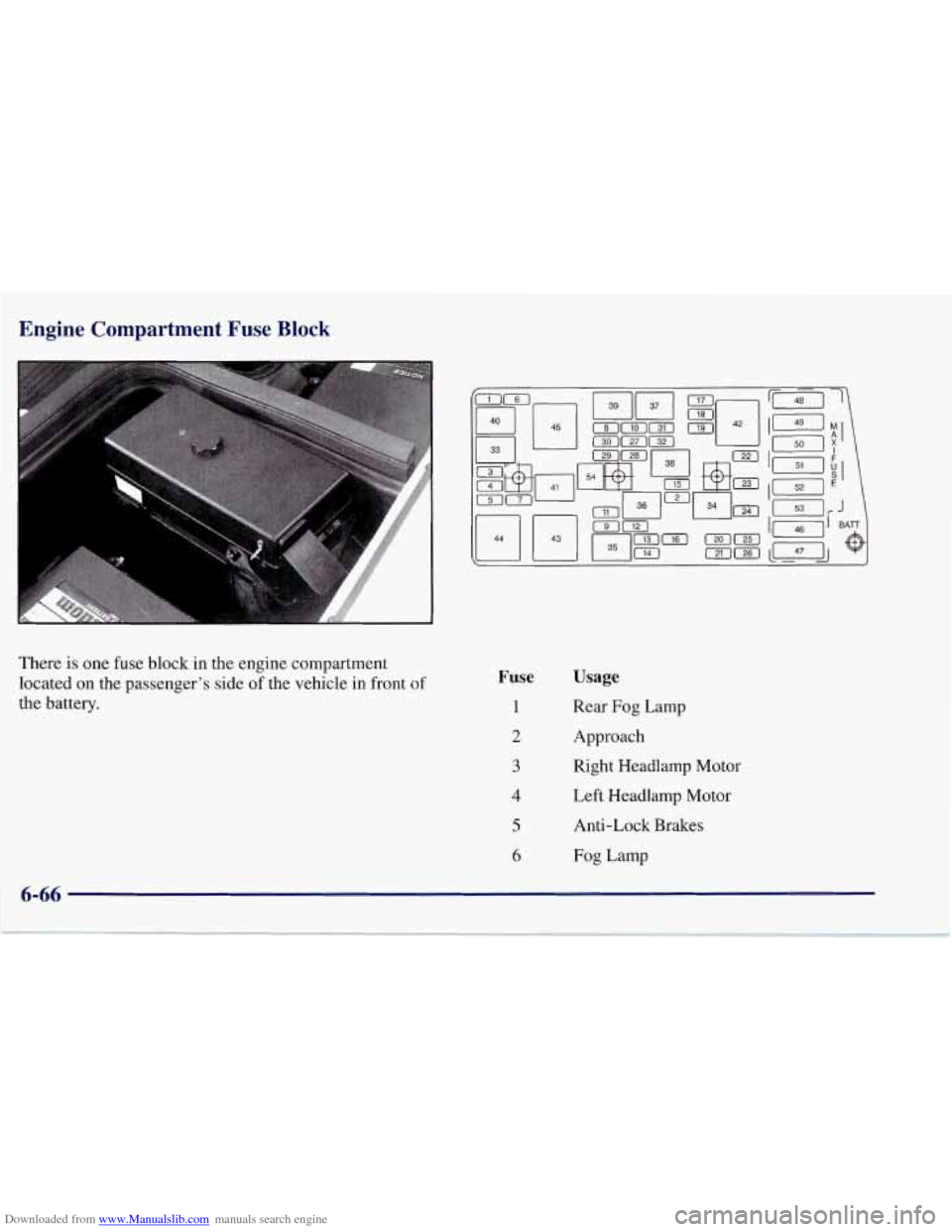 CHEVROLET CORVETTE 1997 5.G Owners Manual Downloaded from www.Manualslib.com manuals search engine Engine  Compartment  Fuse Block 
There is one  fuse  block in  the  engine  compartment 
located  on the passenger’s  side of the  vehicle  i