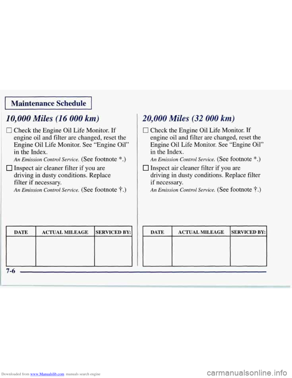 CHEVROLET CORVETTE 1997 5.G Owners Manual Downloaded from www.Manualslib.com manuals search engine I Maintenance  Schedule I 
10,000 Miles (1 6 000 km) 
0 Check the Engine  Oil Life  Monitor.  If 
engine  oil  and filter are changed, reset th