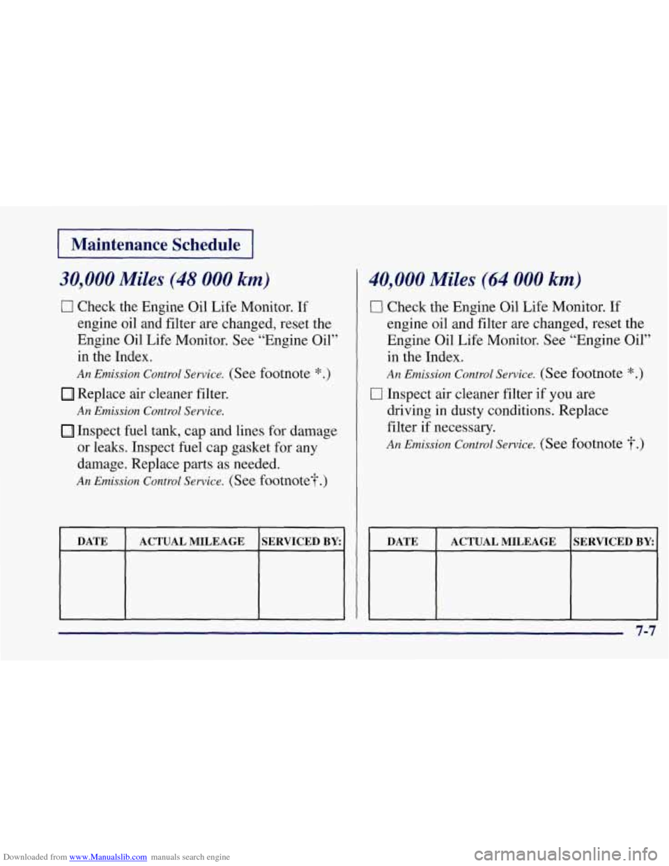 CHEVROLET CORVETTE 1997 5.G Owners Manual Downloaded from www.Manualslib.com manuals search engine I Maintenance Schedule 1 
30,000 Miles (48 000 km) 
0 Check  the  Engine Oil Life Monitor. If 
engine  oil  and  filter are changed,  reset  th