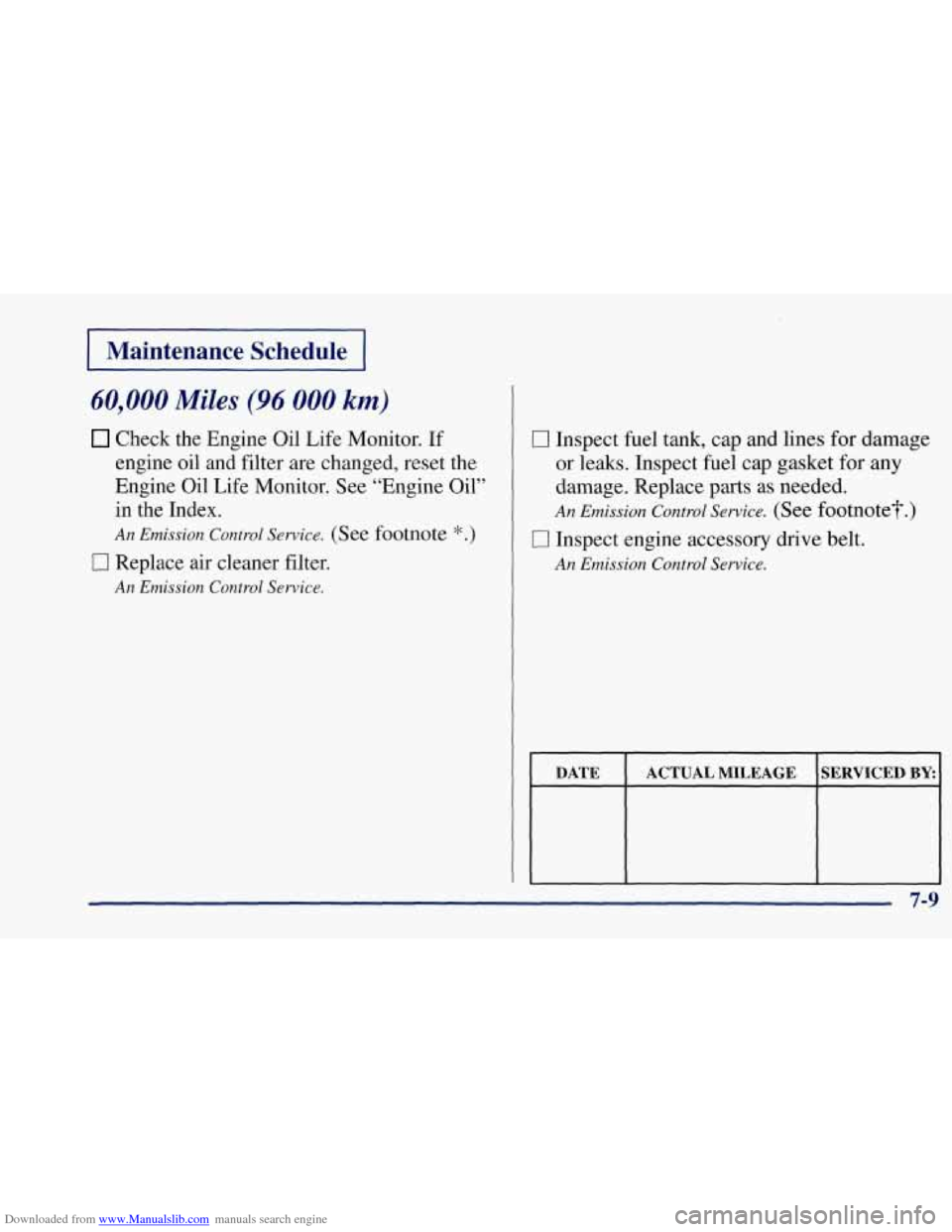 CHEVROLET CORVETTE 1997 5.G Owners Manual Downloaded from www.Manualslib.com manuals search engine I Maintenance Schedule I 
60,000 Miles (96 000 km) 
Check  the  Engine  Oil Life Monitor. If 
engine  oil  and filter are  changed,  reset  the