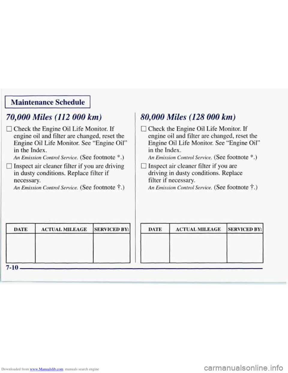 CHEVROLET CORVETTE 1997 5.G Owners Manual Downloaded from www.Manualslib.com manuals search engine Maintenance  Schedule I ~ 
70,000 Miles (112 000 km) 
0 Check the Engine  Oil Life  Monitor. If 
engine  oil  and filter are changed,  reset  t