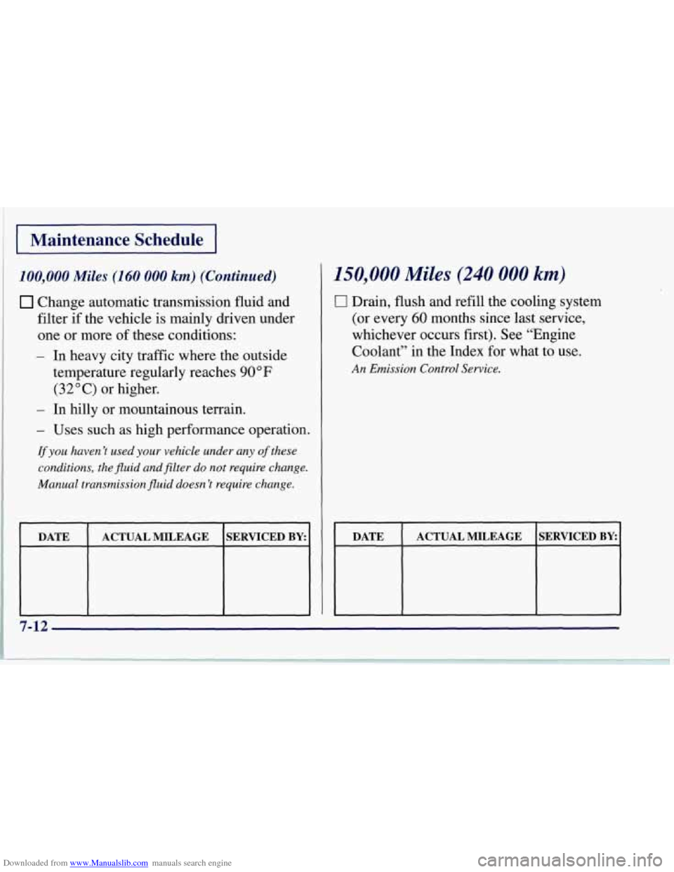 CHEVROLET CORVETTE 1997 5.G Owners Manual Downloaded from www.Manualslib.com manuals search engine Maintenance  Schedule 
100,000 Miles (160 000 km) (Continued) 
Change automatic  transmission  fluid and 
filter  if the  vehicle  is mainly  d
