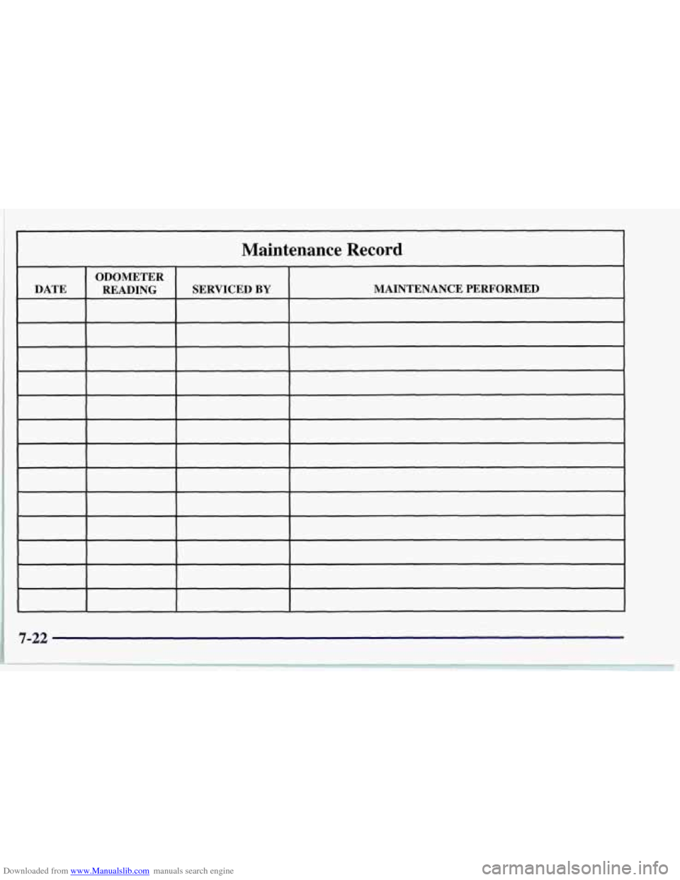 CHEVROLET CORVETTE 1997 5.G Owners Manual Downloaded from www.Manualslib.com manuals search engine Maintenance Record 
ODOMETER 
DATE  READING  SERVICED 
BY MAINTENANCE  PERFORMED 
7-22   