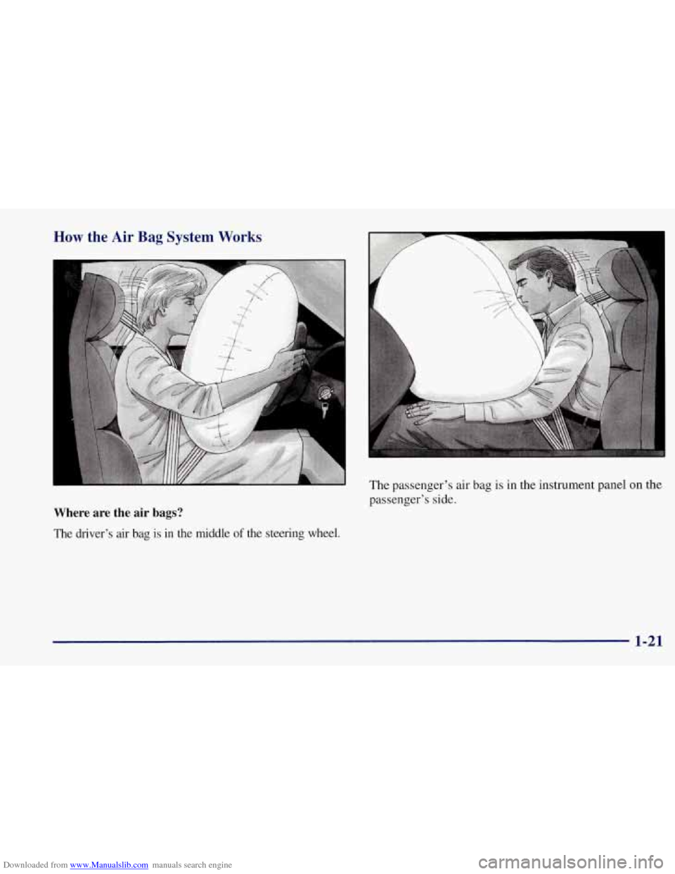 CHEVROLET CORVETTE 1997 5.G Owners Manual Downloaded from www.Manualslib.com manuals search engine How the Air Bag System Works 
I 
The passengers  air  bag 
passengers  side. 
Where  are  the  air  bags? 
The  drivers  air  bag  is  in  t