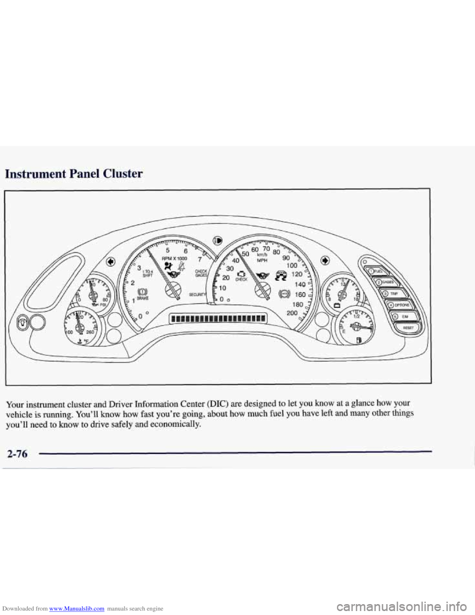 CHEVROLET CORVETTE 1998 5.G Owners Manual Downloaded from www.Manualslib.com manuals search engine Instrument  Panel  Cluster 
Your instrument  cluster  and  Driver  Information  Center (DIC) are designed  to  let you know at a glance how you
