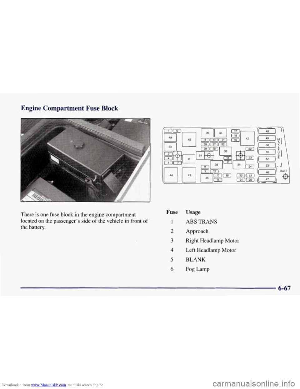 CHEVROLET CORVETTE 1998 5.G Owners Manual Downloaded from www.Manualslib.com manuals search engine Engine  Compartment  Fuse Block 
There  is  one  fuse  block in the engine  compartment 
located 
on the  passenger’s  side of  the  vehicle 