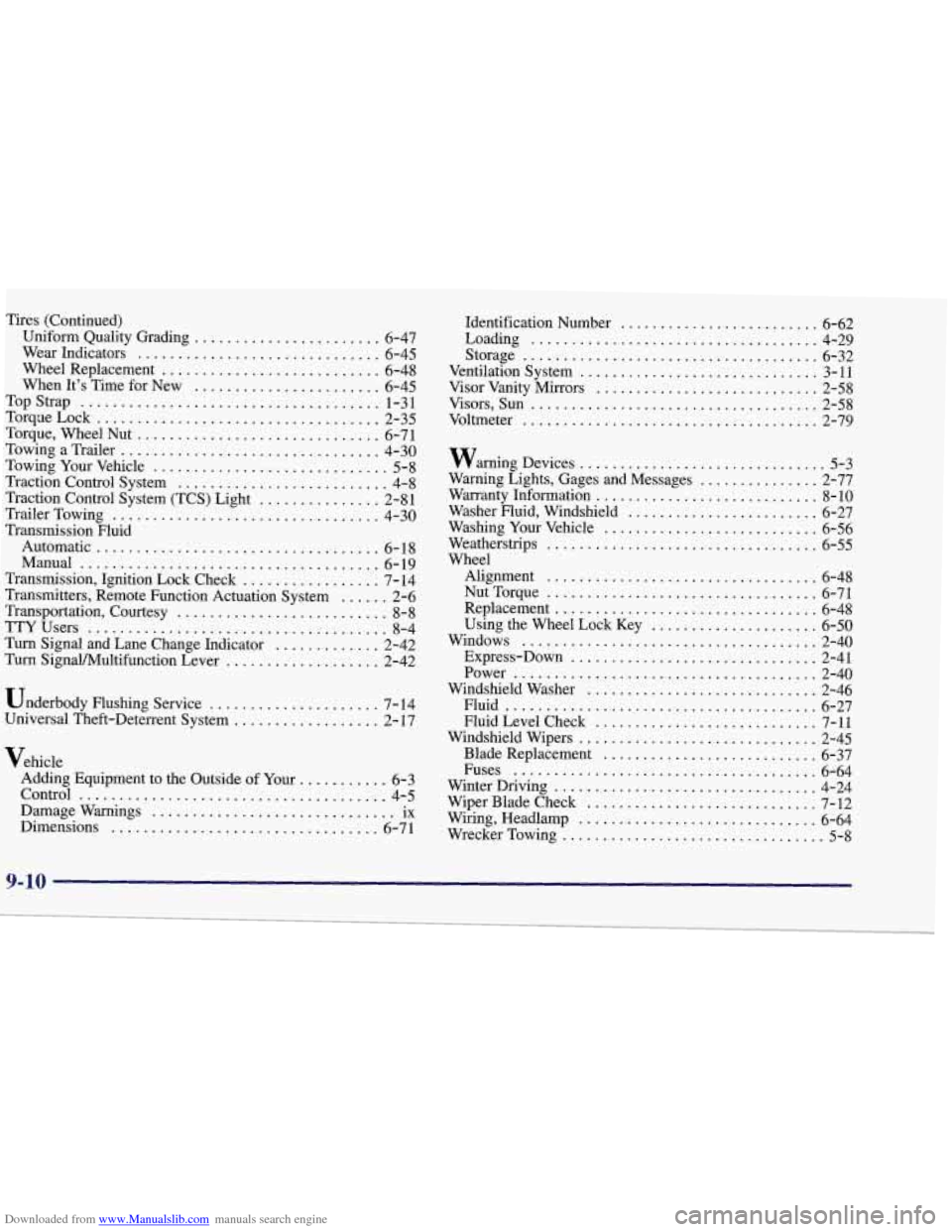 CHEVROLET CORVETTE 1998 5.G Owners Manual Downloaded from www.Manualslib.com manuals search engine Tires  (Continued) Uniform  Quality  Grading ....................... 6-47 
Wear  Indicators 
.............................. 6-45 
Wheel  Replac
