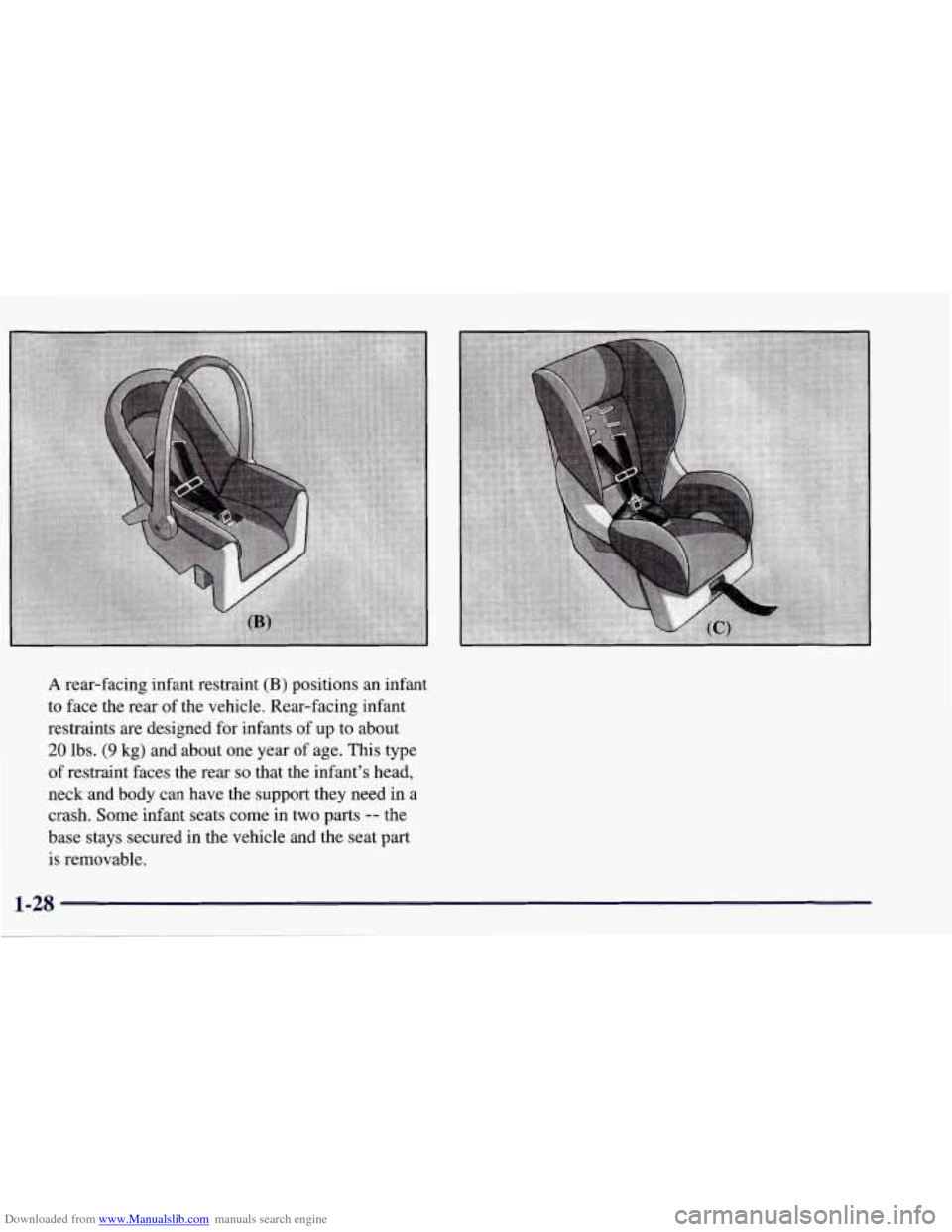 CHEVROLET CORVETTE 1998 5.G Owners Manual Downloaded from www.Manualslib.com manuals search engine A rear-facing infant restraint (B) positions an infant 
to  face  the rear  of the vehicle. Rear-facing infant 
restraints are designed  for in