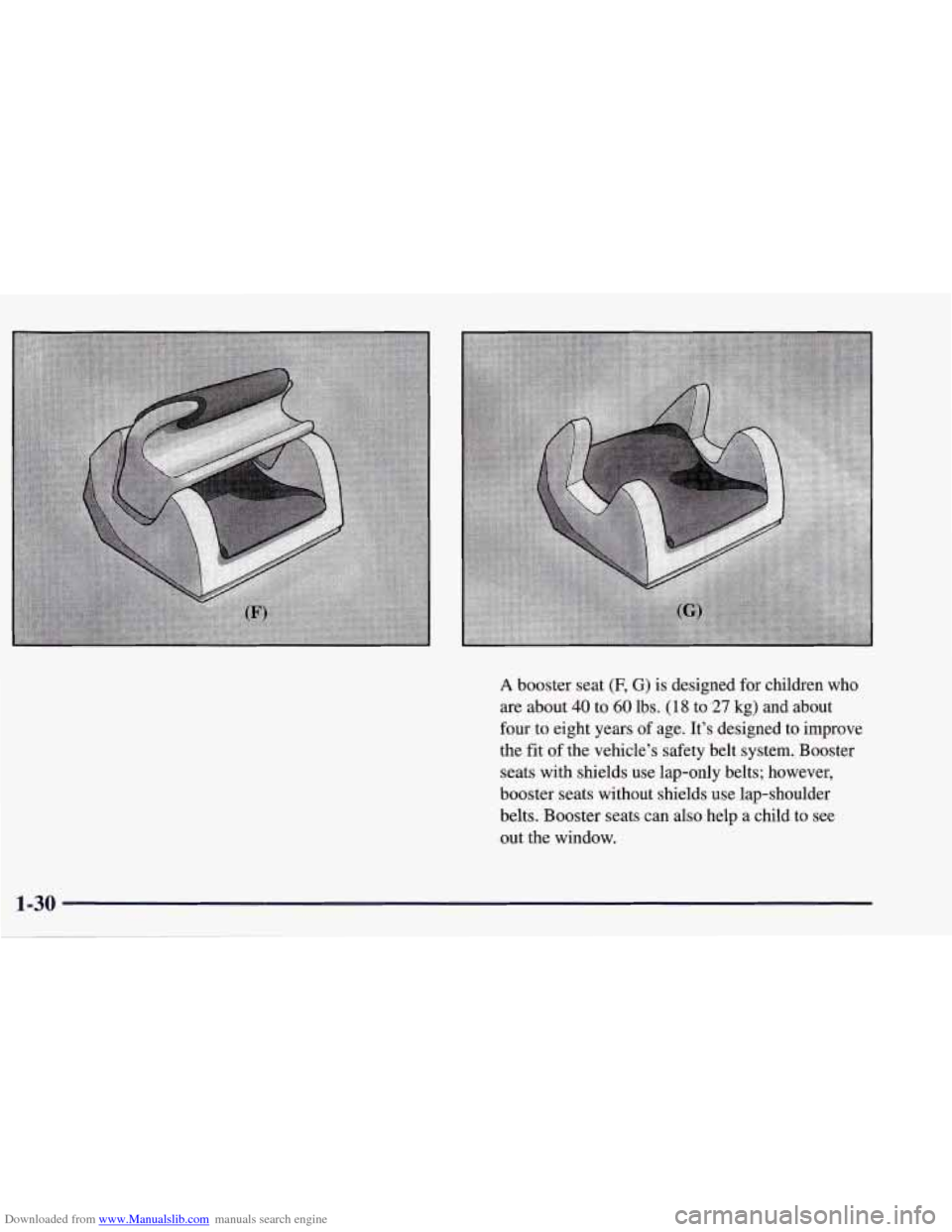 CHEVROLET CORVETTE 1998 5.G Owners Manual Downloaded from www.Manualslib.com manuals search engine A booster seat (F, G) is designed  for children  who 
are about 40 to 60 lbs. (1 8 to 27 kg)  and  about 
four  to eight years 
of age.  It’s