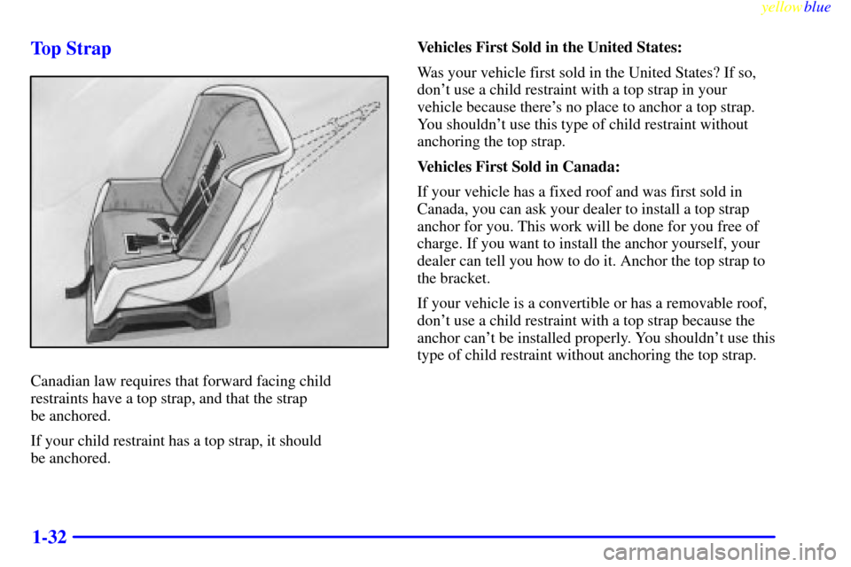 CHEVROLET CORVETTE 1999 5.G Owners Manual yellowblue
1-32 Top Strap
Canadian law requires that forward facing child
restraints have a top strap, and that the strap
be anchored.
If your child restraint has a top strap, it should
be anch CHEVROLET CORVETTE 1999 5.G Owners Manual yellowblue
1-32 Top Strap
Canadian law requires that forward facing child
restraints have a top strap, and that the strap
be anchored.
If your child restraint has a top strap, it should
be anch