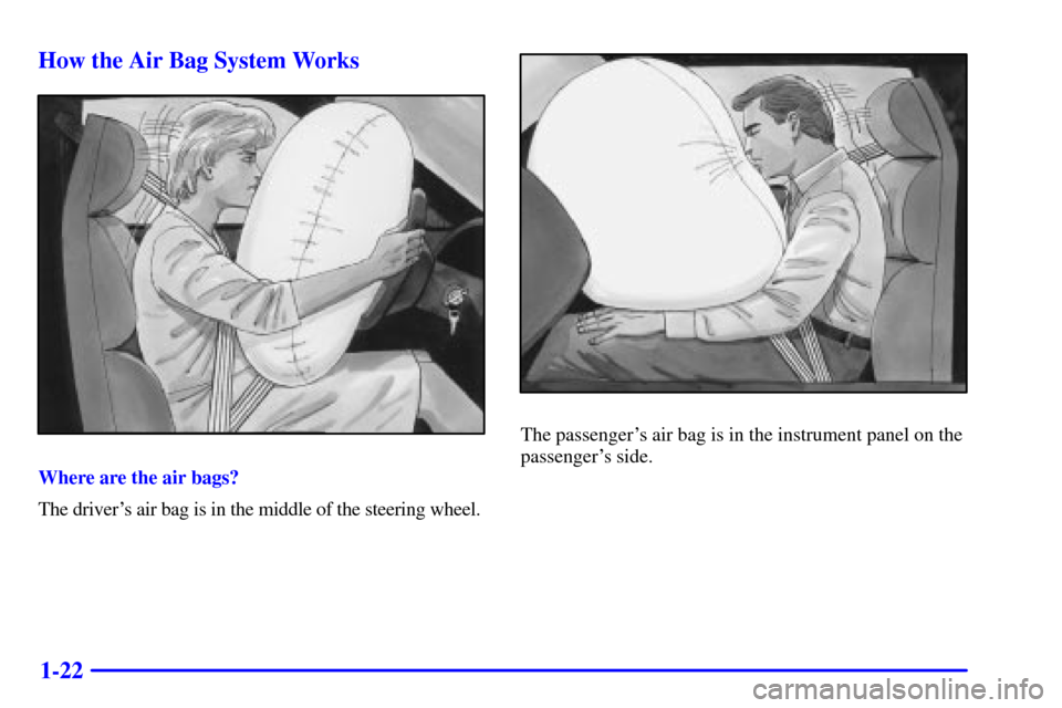 CHEVROLET CORVETTE 2000 5.G Owners Manual 1-22 How the Air Bag System Works
Where are the air bags?
The drivers air bag is in the middle of the steering wheel.
The passengers air bag is in the instrument panel on the
passengers side. 
