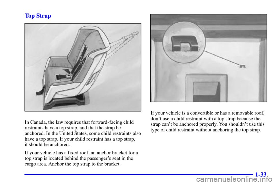 CHEVROLET CORVETTE 2000 5.G Owners Manual 1-33 Top Strap
In Canada, the law requires that forward-facing child
restraints have a top strap, and that the strap be
anchored. In the United States, some child restraints also
have a top strap. If 
