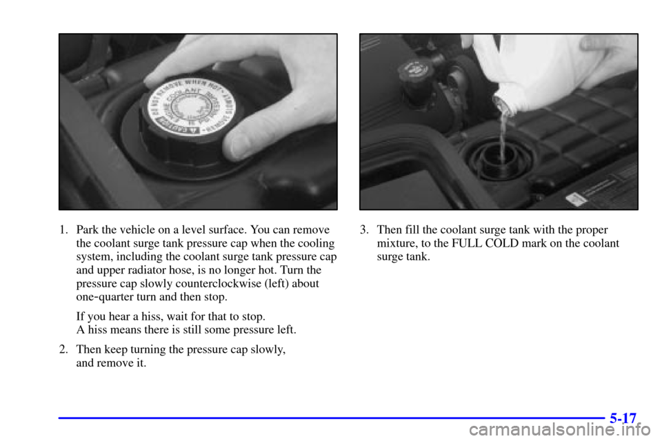 CHEVROLET CORVETTE 2002 5.G Owners Manual 5-17
1. Park the vehicle on a level surface. You can remove
the coolant surge tank pressure cap when the cooling
system, including the coolant surge tank pressure cap
and upper radiator hose, is no lo