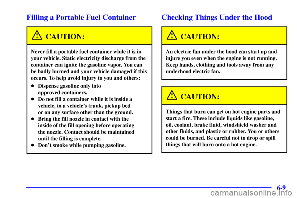 CHEVROLET CORVETTE 2002 5.G Owners Manual 6-9
Filling a Portable Fuel Container
CAUTION:
Never fill a portable fuel container while it is in
your vehicle. Static electricity discharge from the
container can ignite the gasoline vapor. You can
CHEVROLET CORVETTE 2002 5.G Owners Manual 6-9
Filling a Portable Fuel Container
CAUTION:
Never fill a portable fuel container while it is in
your vehicle. Static electricity discharge from the
container can ignite the gasoline vapor. You can