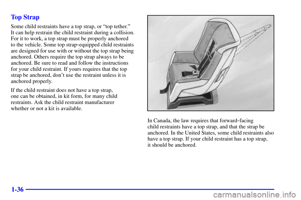 CHEVROLET CORVETTE 2002 5.G Owners Manual 1-36 Top Strap
Some child restraints have a top strap, or ªtop tether.º 
It can help restrain the child restraint during a collision.
For it to work, a top strap must be properly anchored 
to the ve