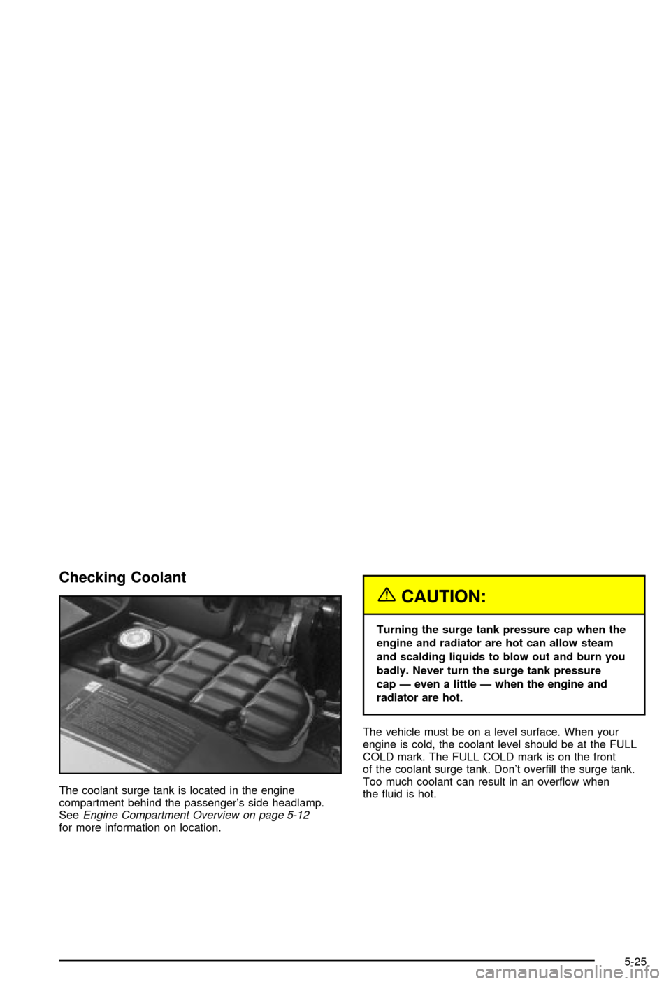 CHEVROLET CORVETTE 2003 5.G Owners Manual Checking Coolant
The coolant surge tank is located in the engine
compartment behind the passengers side headlamp.
See
Engine Compartment Overview on page 5-12for more information on location.
{CAUTIO