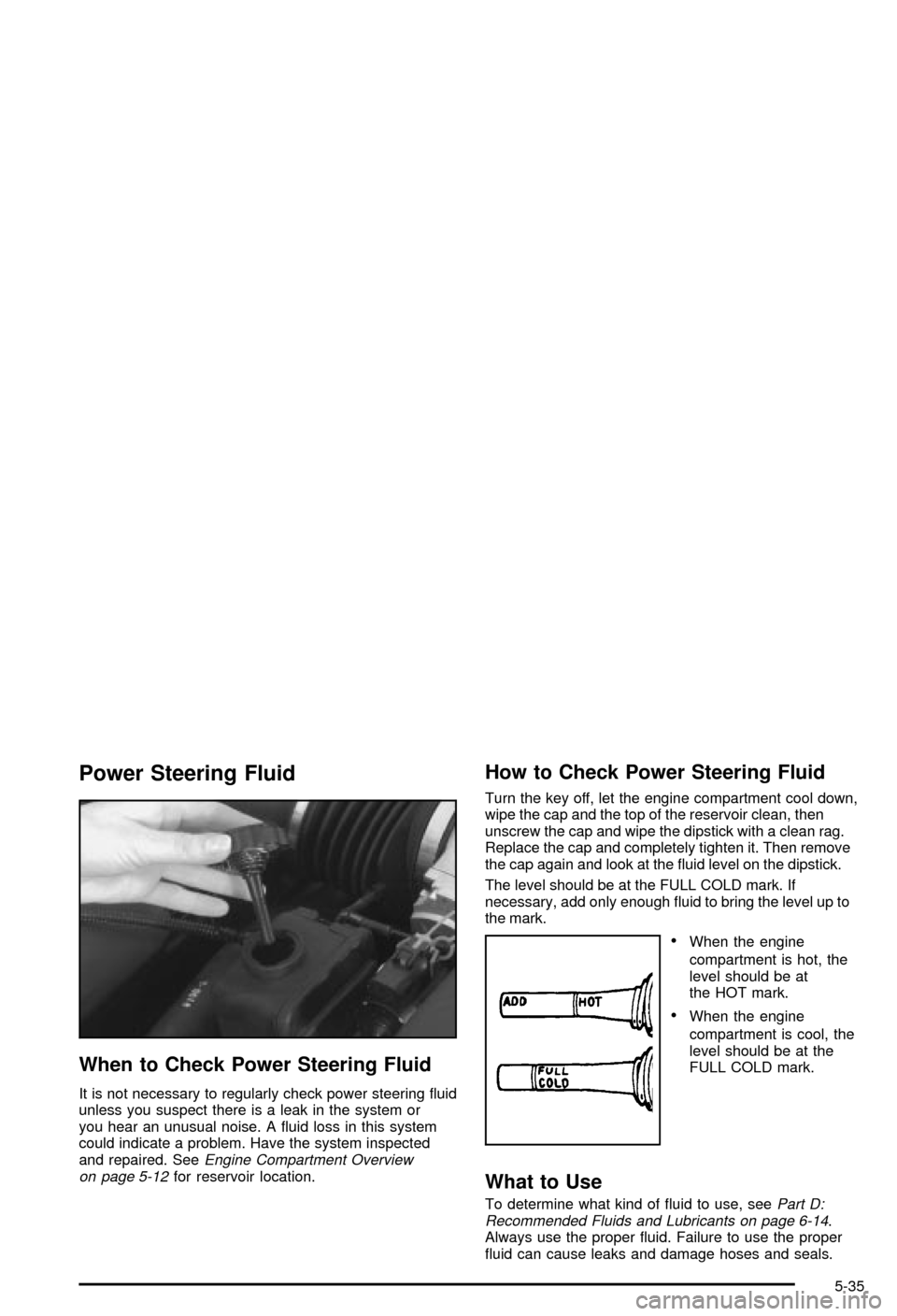 CHEVROLET CORVETTE 2003 5.G Owners Manual Power Steering Fluid
When to Check Power Steering Fluid
It is not necessary to regularly check power steering ¯uid
unless you suspect there is a leak in the system or
you hear an unusual noise. A ¯u
