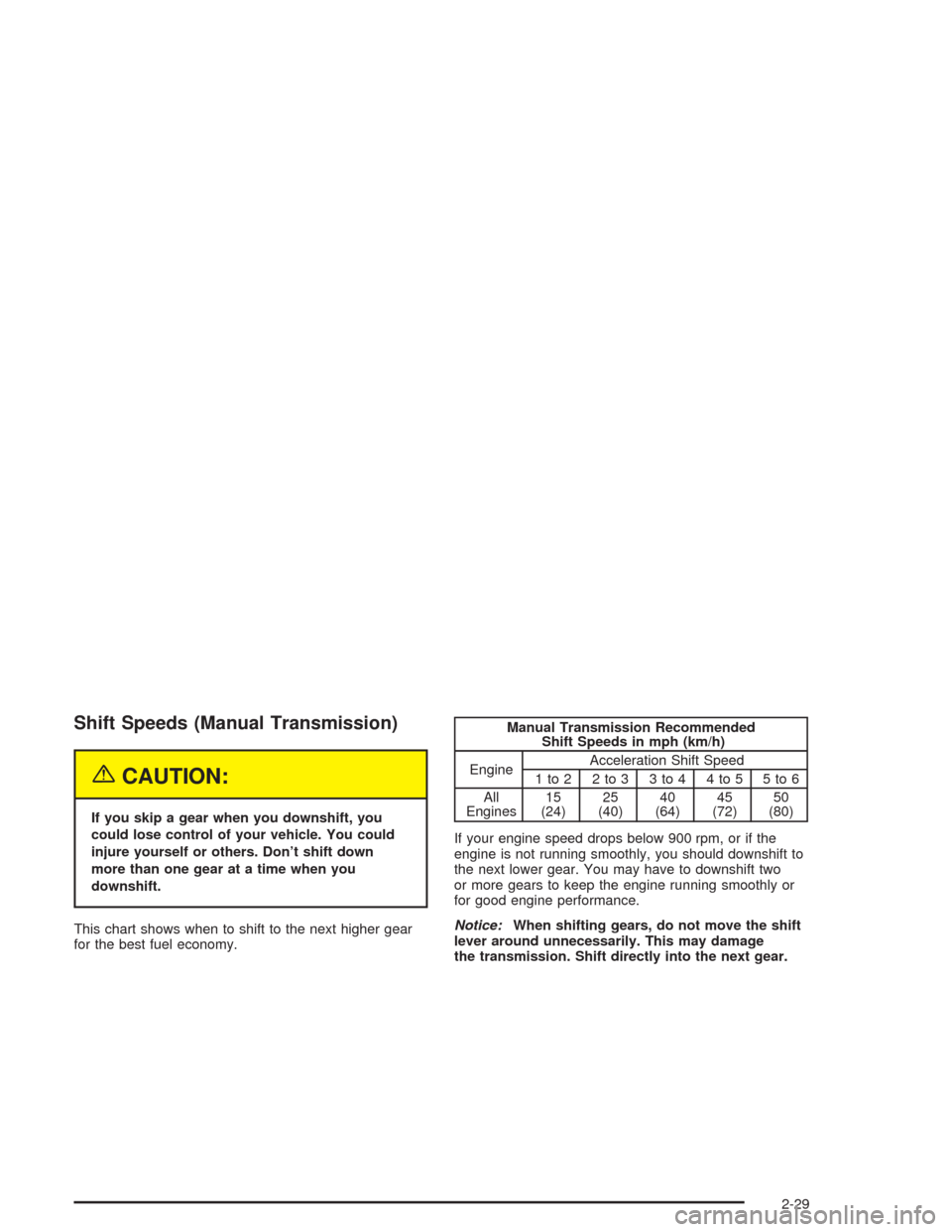 CHEVROLET CORVETTE 2004 5.G Owners Manual Shift Speeds (Manual Transmission)
{CAUTION:
If you skip a gear when you downshift, you
could lose control of your vehicle. You could
injure yourself or others. Don’t shift down
more than one gear a