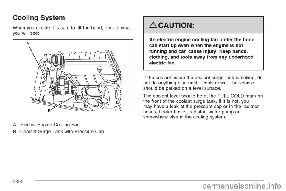CHEVROLET CORVETTE 2008 6.G Owners Manual Cooling System
When you decide it is safe to lift the hood, here is what
you will see:
A. Electric Engine Cooling Fan
B. Coolant Surge Tank with Pressure Cap{CAUTION:
An electric engine cooling fan un
