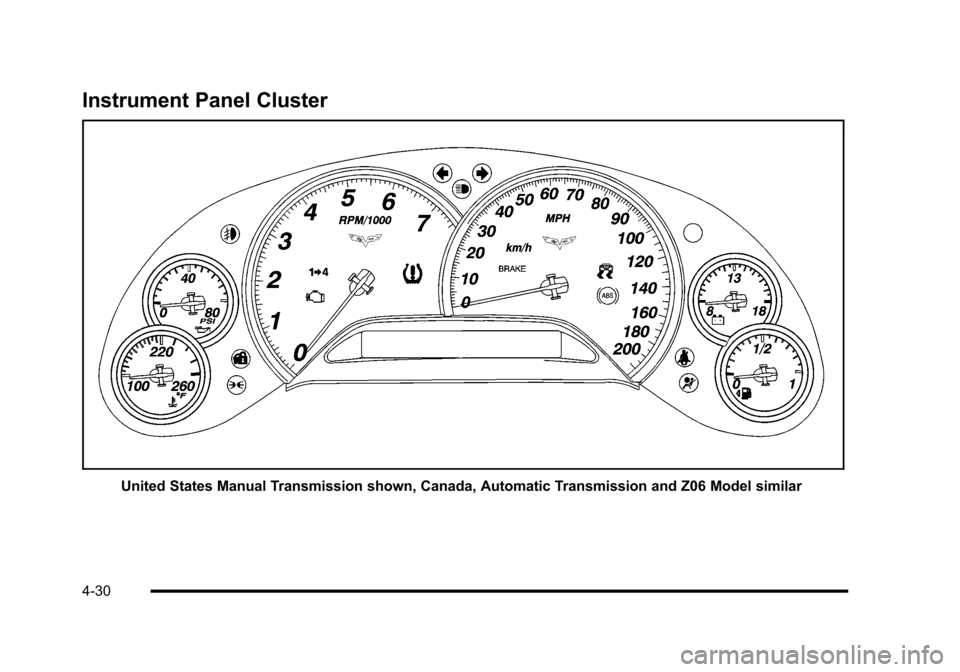 CHEVROLET CORVETTE 2010 6.G Owners Manual Instrument Panel Cluster
United States Manual Transmission shown, Canada, Automatic Transmission and Z06 Model similar
4-30 