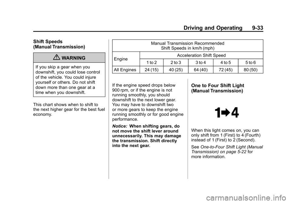 CHEVROLET CORVETTE 2011 6.G Owners Manual Black plate (33,1)Chevrolet Corvette Owner Manual - 2011
Driving and Operating 9-33
Shift Speeds
(Manual Transmission)
{WARNING
If you skip a gear when you
downshift, you could lose control
of the veh