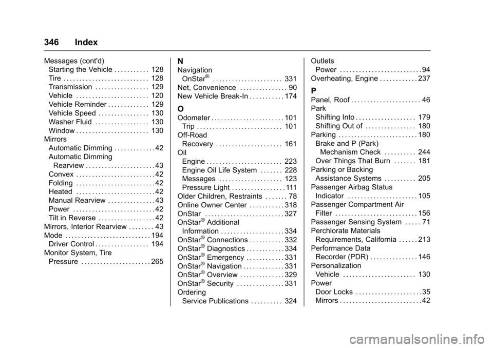 CHEVROLET CORVETTE 2016 7.G Owners Manual Chevrolet Corvette Owner Manual (GMNA-Localizing-U.S./Canada/Mexico-
9085364) - 2016 - crc - 9/15/15
346 Index
Messages (contd)Starting the Vehicle . . . . . . . . . . . 128
Tire . . . . . . . . . . 