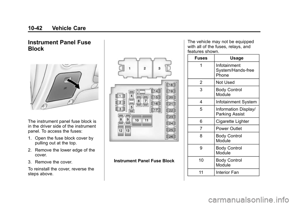 CHEVROLET CRUZE 2014 1.G Owners Manual Black plate (42,1)Chevrolet Cruze Owner Manual (GMNA-Localizing-U.S./Canada-6007168) -
2014 - 2nd Edition - 7/15/13
10-42 Vehicle Care
Instrument Panel Fuse
Block
The instrument panel fuse block is
in