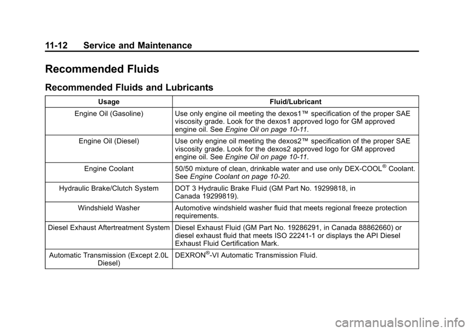CHEVROLET CRUZE 2015 1.G Owners Manual Black plate (12,1)Chevrolet Cruze Owner Manual (GMNA-Localizing-U.S./Canada-7707493) -
2015 - crc - 11/24/14
11-12 Service and Maintenance
Recommended Fluids
Recommended Fluids and Lubricants
UsageFlu