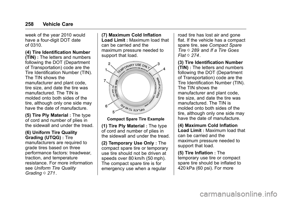 CHEVROLET CRUZE LIMITED 2016 2.G Owners Manual Chevrolet Cruze Limited Owner Manual (GMNA-Localizing-U.S./Canada-
9282844) - 2016 - crc - 9/3/15
258 Vehicle Care
week of the year 2010 would
have a four-digit DOT date
of 0310.
(4) Tire Identificati