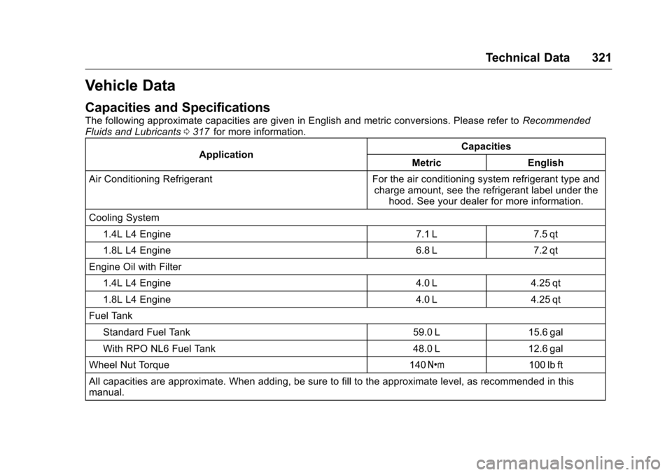 CHEVROLET CRUZE LIMITED 2016 2.G Owners Manual Chevrolet Cruze Limited Owner Manual (GMNA-Localizing-U.S./Canada-
9282844) - 2016 - crc - 9/3/15
Technical Data 321
Vehicle Data
Capacities and Specifications
The following approximate capacities are