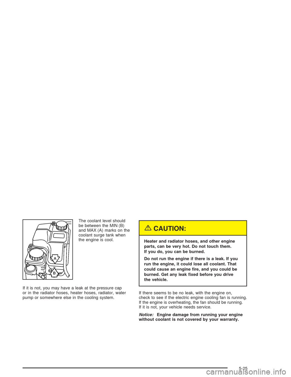 CHEVROLET EPICA 2004 1.G Owners Manual The coolant level should
be between the MIN (B)
and MAX (A) marks on the
coolant surge tank when
the engine is cool.
If it is not, you may have a leak at the pressure cap
or in the radiator hoses, hea