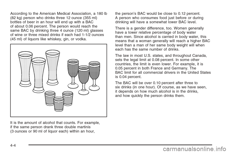 CHEVROLET EPICA 2006 1.G Owners Manual According to the American Medical Association, a 180 lb
(82 kg) person who drinks three 12 ounce (355 ml)
bottles of beer in an hour will end up with a BAC
of about 0.06 percent. The person would reac