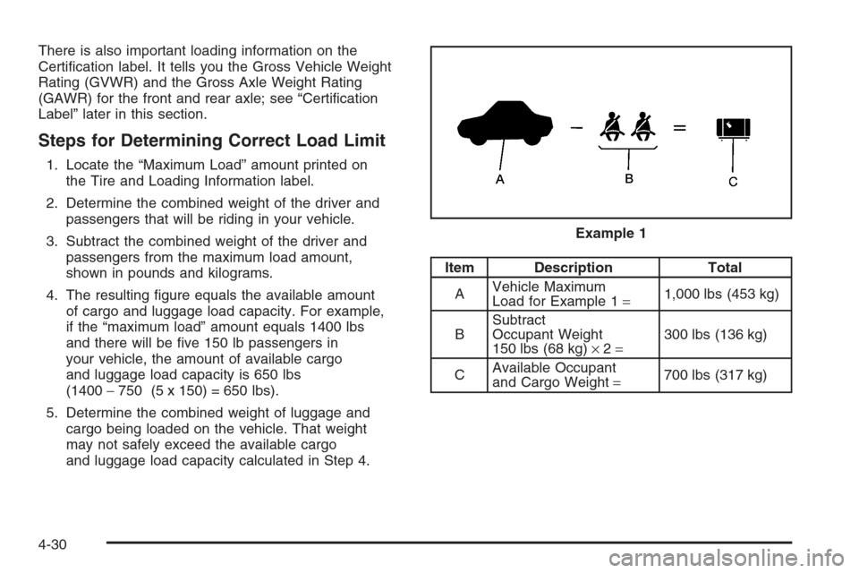 CHEVROLET EPICA 2006 1.G Owners Manual There is also important loading information on the
Certification label. It tells you the Gross Vehicle Weight
Rating (GVWR) and the Gross Axle Weight Rating
(GAWR) for the front and rear axle; see CHEVROLET EPICA 2006 1.G Owners Manual There is also important loading information on the
Certification label. It tells you the Gross Vehicle Weight
Rating (GVWR) and the Gross Axle Weight Rating
(GAWR) for the front and rear axle; see
