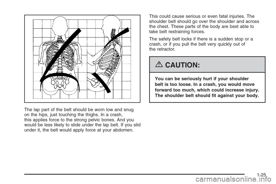 CHEVROLET EPICA 2006 1.G Owners Manual The lap part of the belt should be worn low and snug
on the hips, just touching the thighs. In a crash,
this applies force to the strong pelvic bones. And you
would be less likely to slide under the l