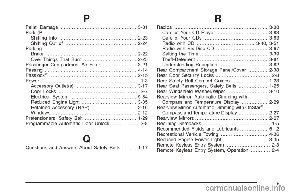 CHEVROLET EQUINOX 2006 1.G Owners Manual P
Paint, Damage...............................................5-81
Park (P)
Shifting Into................................................2-23
Shifting Out of...........................................