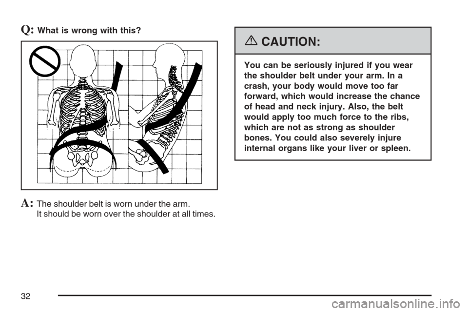 CHEVROLET EQUINOX 2007 1.G Owners Manual Q:What is wrong with this?
A:The shoulder belt is worn under the arm.
It should be worn over the shoulder at all times.
{CAUTION:
You can be seriously injured if you wear
the shoulder belt under your 