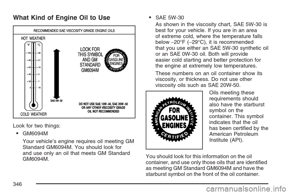 CHEVROLET EQUINOX 2007 1.G Owners Manual What Kind of Engine Oil to Use
Look for two things:
GM6094M
Your vehicle’s engine requires oil meeting GM
Standard GM6094M. You should look for
and use only an oil that meets GM Standard
GM6094M.
