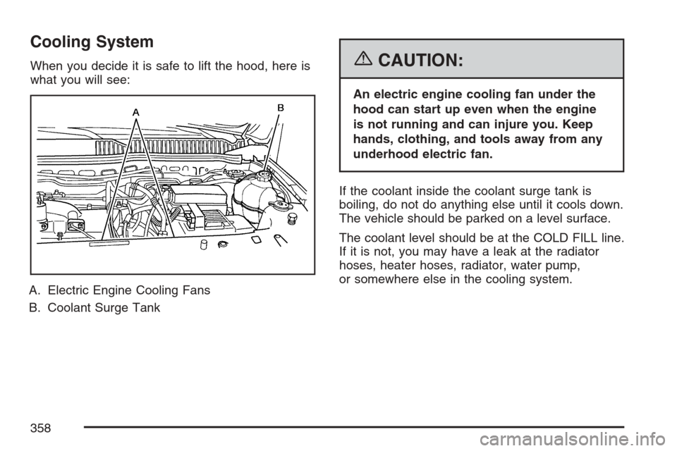 CHEVROLET EQUINOX 2007 1.G Owners Manual Cooling System
When you decide it is safe to lift the hood, here is
what you will see:
A. Electric Engine Cooling Fans
B. Coolant Surge Tank{CAUTION:
An electric engine cooling fan under the
hood can 