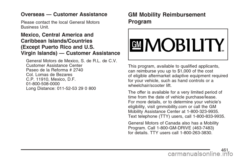 CHEVROLET EQUINOX 2007 1.G Owners Manual Overseas — Customer Assistance
Please contact the local General Motors
Business Unit.
Mexico, Central America and
Caribbean Islands/Countries
(Except Puerto Rico and U.S.
Virgin Islands) — Custome