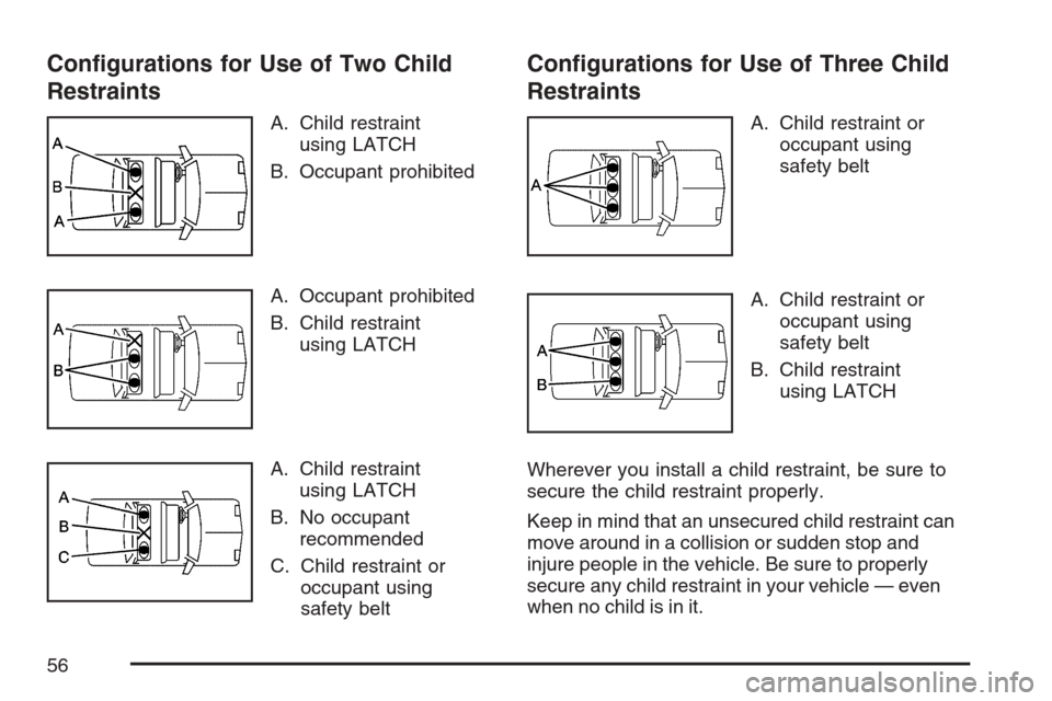 CHEVROLET EQUINOX 2007 1.G Owners Manual Con�gurations for Use of Two Child
Restraints
A. Child restraint
using LATCH
B. Occupant prohibited
A. Occupant prohibited
B. Child restraint
using LATCH
A. Child restraint
using LATCH
B. No occupant
